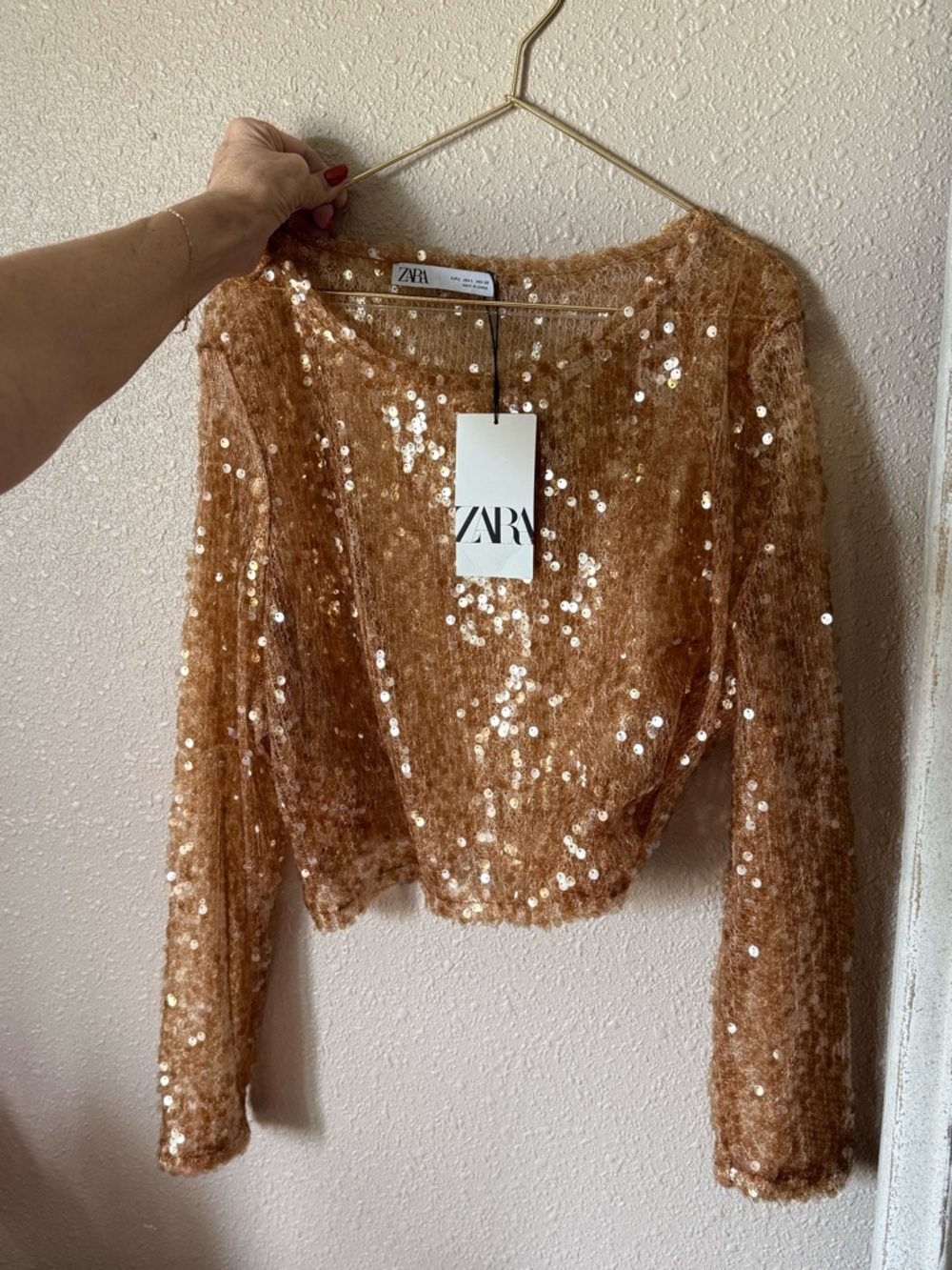 Zara Copper Sequin Cropped Knit Sweater